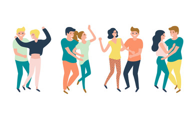 Obraz premium Young happy woman and man dancing to party music. Partner dance. Stylish human at festival event, outdoor concert or club dance floor. Vector flat illustration