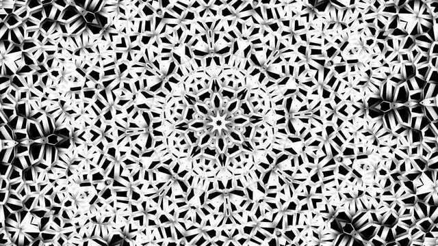 Transforming round mandala pattern. Seamless loop footage. Emboss geometric lattice mandala in arabic style. Islamic geometric arabesque pattern.