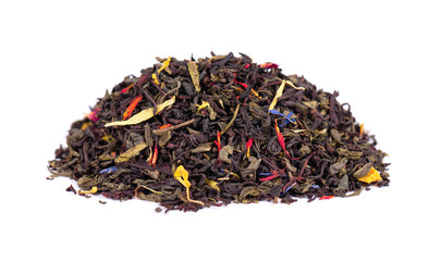Black and green Ceylon tea with dry flowers - calendula, rose and cornflower petals, isolated on...