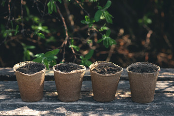 Group of flower pot with a soil on a wooden garden table. Gardening abstract background.