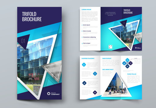 Dark Blue Trifold Brochure Layout with Triangles