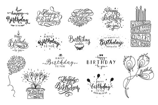 Happy Birthday party lettering design. Set of calligraphy quote isolated on white background. Hand drawn birthday cake with candles, balloons. Vector illustration