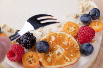 Cake from organic products without baking with berries and fruits