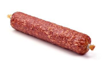 Salami Sausage Stick, dried meat, close-up, isolated on white background