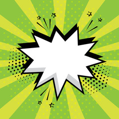 White empty speech bubble with stars and dots on green background. Comic sound effects in pop art style. Vector illustration.