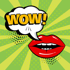 White speech bubble with WOW word and red lips on green background. Card in pop art style. Vector illustration