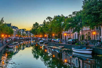 Night view of canal in Leiden, Netherlands