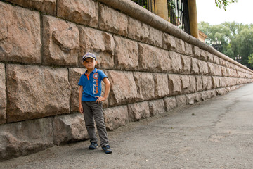 Obraz na płótnie Canvas child standing against a stone wall