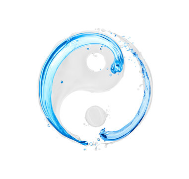 Symbol Yin Yang made of water and milk splashes on white background