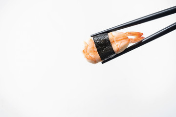 shrimp Sushi in shop stick on isolated white background