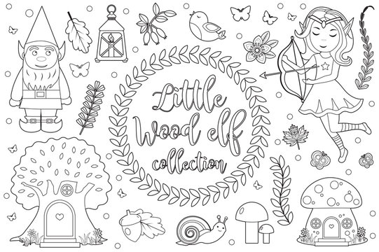 Cute forest elf character set Coloring book page for kids. Collection of design element sketch outline style. Kids baby clip art funny smiling kit. Vector illustration.