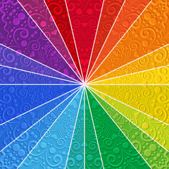 Colorful rainbow background with rays and vintage curls © Olga Drozdova