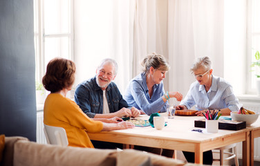 Group of senior people playing board games in community center club.