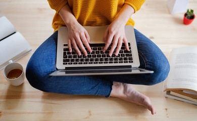 A midsection of female student sitting on floor using laptop when studying.