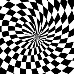Abstract Black and White Geometric Pattern with Circles. Contrasty Optical Psychedelic Illusion. Checkered Spiral Texture. Raster. 3D Illustration