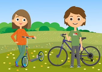 Teen boy with a bicycle. Girl with a scooter. © katykin