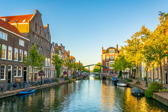 Sunset view a canal in Leiden, Netherlands