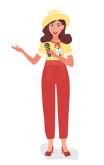 The Museum guide with a microphone tells about the exhibits and attractions. People and tourism vector illustration