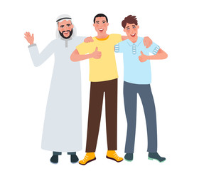 Men of European, Asian and Arab appearance smile and lift a finger up. Friendship of nationalities. Vector illustration of human race