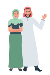 Happy man and woman in Muslim clothes hugging and smiling. Vector illustration of the national family