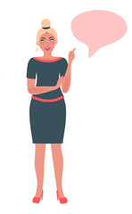 Girl coach conducts business training. A successful teacher and mentor in a free pose. Vector illustration of people in learning