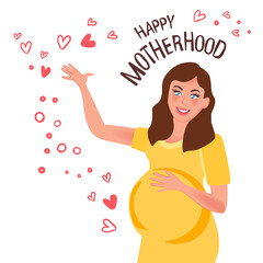 Obraz na płótnie Canvas Mom-to-be is happy. A pregnant woman smiles with her hand raised. Vector illustration of pregnancy