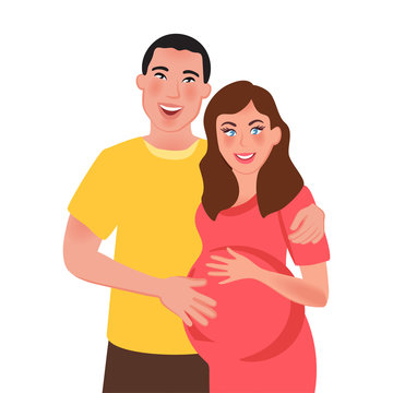 Husband and pregnant wife hugging and smiling. Family expecting a baby. Vector illustration of family relationships