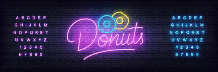 Donuts neon template. Glowing lettering donuts sign for bar, cafe, restaurant.