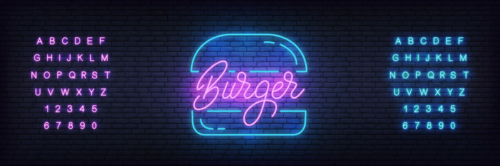 Burger neon template. Glowing lettering burger sign for bar, cafe, fastfood.