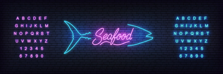 Seafood neon template. Glowing lettering seafood sign for bar, pub, restaurant.