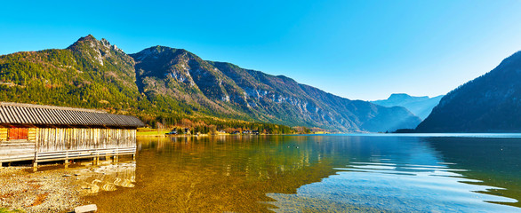 Hallstatt lake at sunny day, blue sky and mountain Sarstein. Late autumn, Salzkammergut region, Austria.