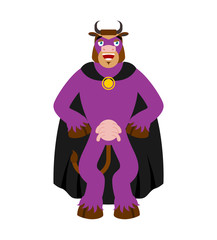 Cow superhero. Super farm animal in mask and raincoat. Strong bull