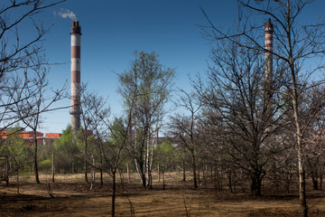 High chimneys of zinc and lead foundry