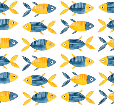 Seamless repeatable pattern with cute little fish in navy blue and bright yellow color. Handdrawn watercolour sketchy drawing on white. Creative backdrop for design, wallpaper, children room poster.