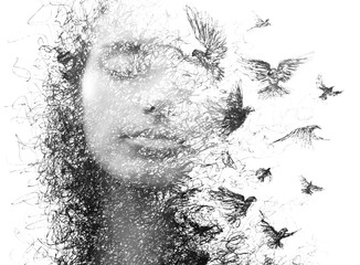 Paintography. Double Exposure portrait of an elegant woman with closed eyes combined with hand made...