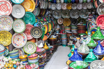 Traditional arabic handcrafted, colorful decorated plates shot at the market in Marrakesh, Morocco.