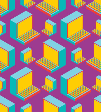 Old Computer Pattern Seamless. Outdated PC Ornament. Obsolete Technology Texture. Vector Illustration