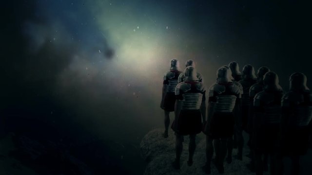 Imperial Roman Soldiers Looking at a Battlefield Under a Snow Storm