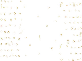 Memphis style gold geometric confetti vector background with triangle, circle, square shapes, chevron and wavy line ribbons. Modern 80s style memphis gold yellow sparkle confetti falling on white.