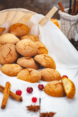 Homemade tangerine cookies on wooden rustic table. Close up