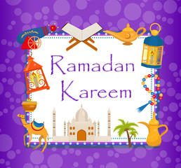 Ramadan kareem greeting card with arabic design elements camel, quran, lanterns, rosary, food, mosque. Vector illustration.