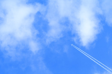Plane in the blue sky with white clouds