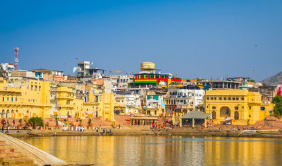Panoramic view on Holy Lake and city Pushkar, Rajasthan, India.