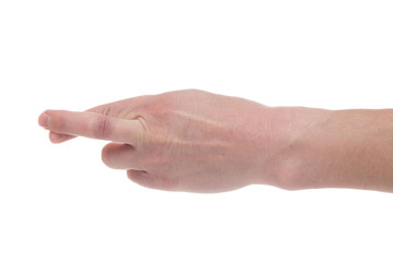 Finger crossed hand sign, good luck symbol isolated on white. Crossed fingers on a white background