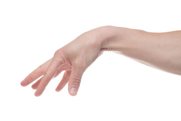 Empty male hand making gesture like holding something isolated on white background.