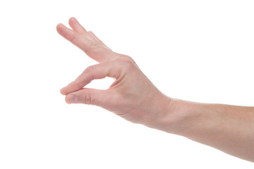 Empty male hand making gesture like holding something isolated on white background.