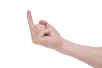 Male Right hand showing rough gesture Fuck you or Fuck off on White background.