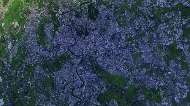 Satellite view of Rome Italy, sunrise animation on whole city. Contains public domain image by Nasa