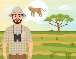 Happy man in cork hat, animal hunter thinks about leopard, safari landscape, umbrella acacia, African countryside, vector illustration