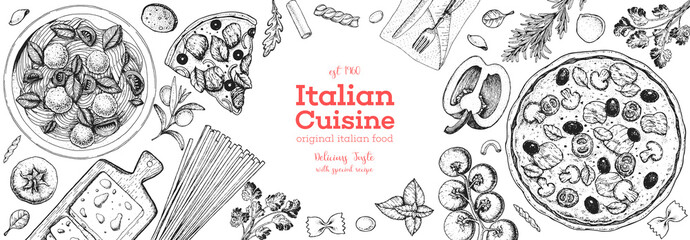 Italian cuisine top view frame. A set of Italian dishes with pasta and pizza. Food menu design template. Vintage hand drawn sketch vector illustration. Engraved image
